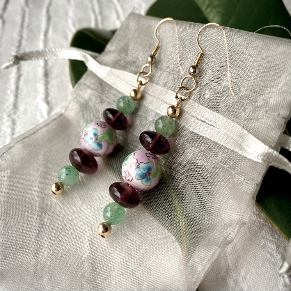 Aventurine, Glass, & Painted Bead Drop Dangle Earrings 2.75in Green Purple Pink